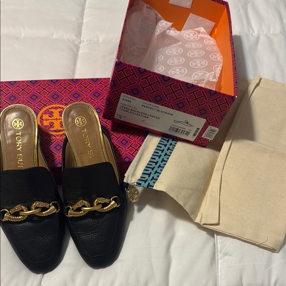 Tory Burch Black Mules with Gold Chain Accent